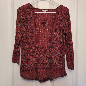 Lucky Brand Long Sleeve Red and Burgundy Boho Floral Top